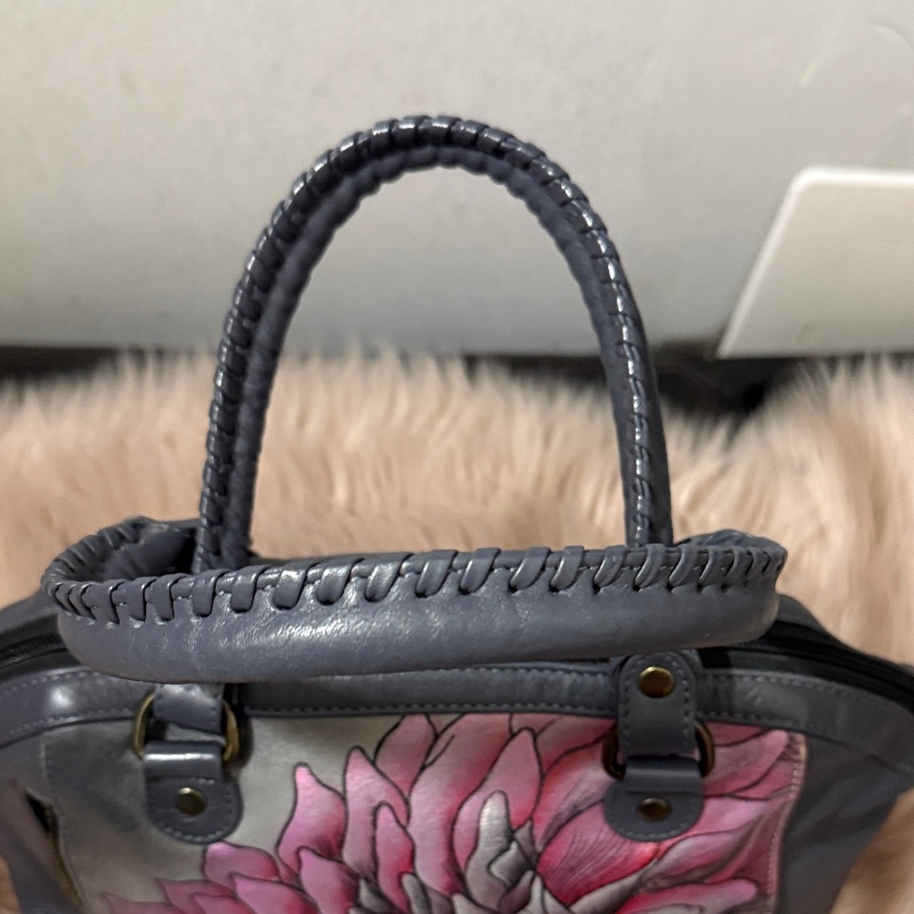 RARE Anuschka Floral Gray and Pink Handbag small to medium - Picture 3 of 10